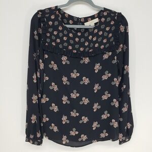 LOFT Floral Print Ruffle Yoke Blouse Women Size Small Black Long Sleeve Top Boho
